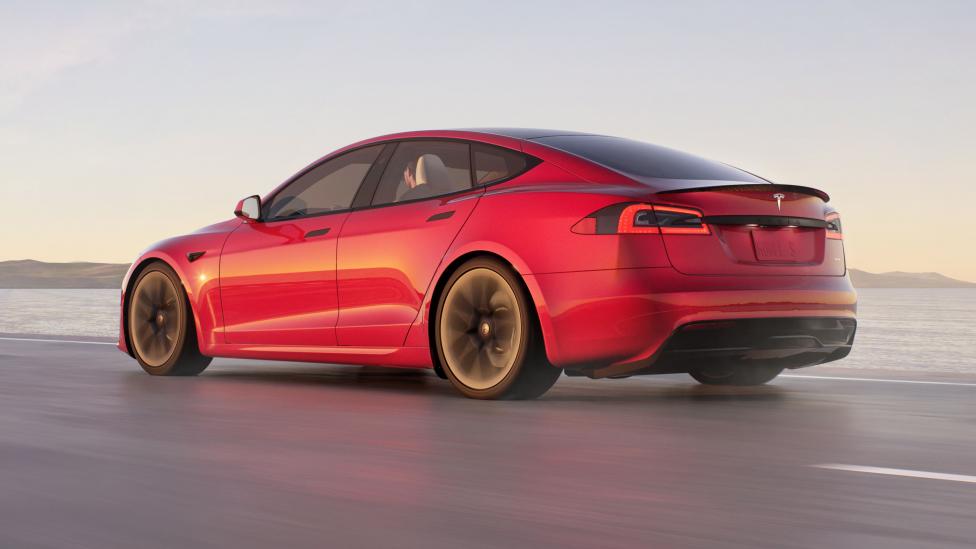 Tesla Model S Plaid red rear three quarter