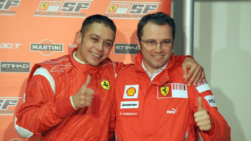 Valentino Rossi and Stefano Domenicali after Rossi drives Ferrari F1 car