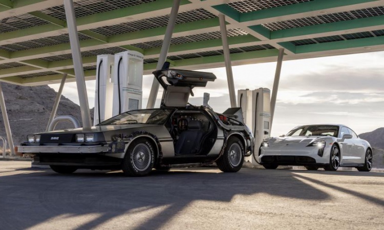 Porsche Taycan and DeLorean DMC-12 for Back to the Future Day
